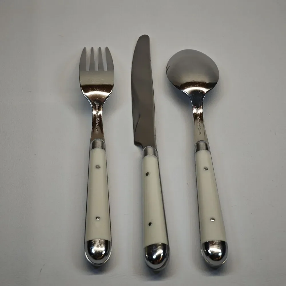 Jean Dubost Pantry White Stainless Flatware Place Setting Fork Knife Spoon Set